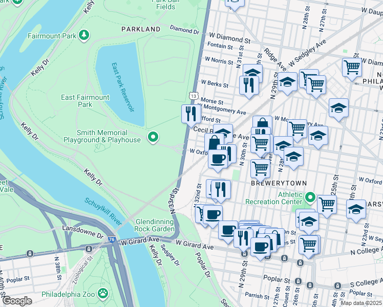 map of restaurants, bars, coffee shops, grocery stores, and more near 3230 West Oxford Street in Philadelphia