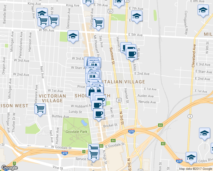 map of restaurants, bars, coffee shops, grocery stores, and more near 92 East 1st Avenue in Columbus