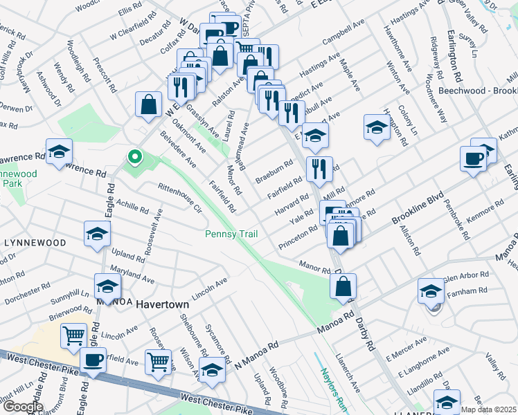 map of restaurants, bars, coffee shops, grocery stores, and more near 73 Fairfield Road in Havertown