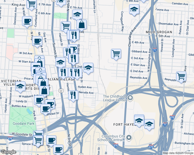 map of restaurants, bars, coffee shops, grocery stores, and more near 350 East 1st Avenue in Columbus