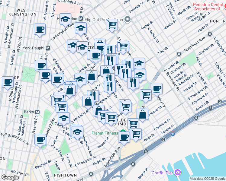 map of restaurants, bars, coffee shops, grocery stores, and more near 2321 East Firth Street in Philadelphia