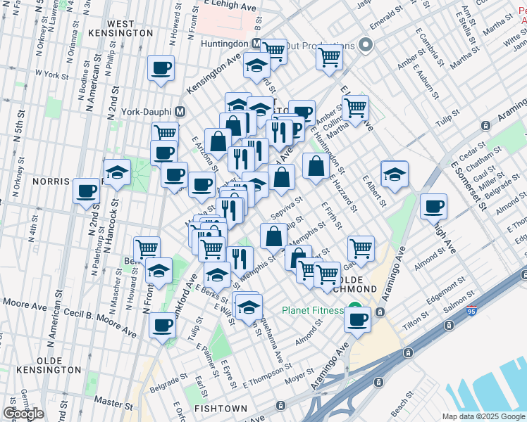 map of restaurants, bars, coffee shops, grocery stores, and more near 2161 East York Street in Philadelphia