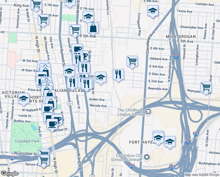 map of restaurants, bars, coffee shops, grocery stores, and more near 350 East 1st Avenue in Columbus