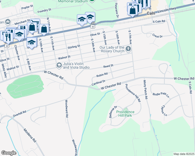 map of restaurants, bars, coffee shops, grocery stores, and more near 1400 Robin Road in Coatesville