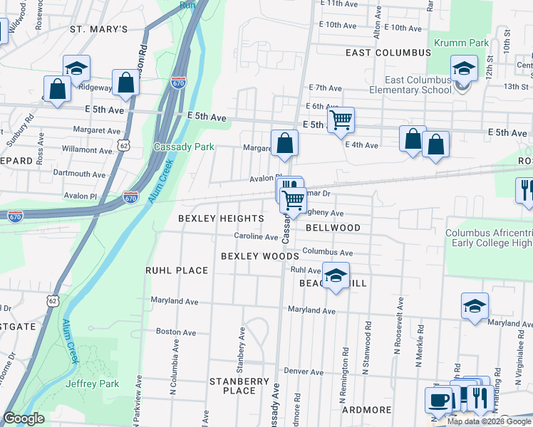 map of restaurants, bars, coffee shops, grocery stores, and more near 520 Stanbery Ave in Columbus