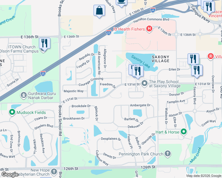 map of restaurants, bars, coffee shops, grocery stores, and more near 12896 East 131st Street in Fishers