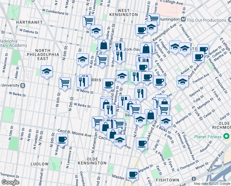 map of restaurants, bars, coffee shops, grocery stores, and more near 2024 North Palethorp Street in Philadelphia