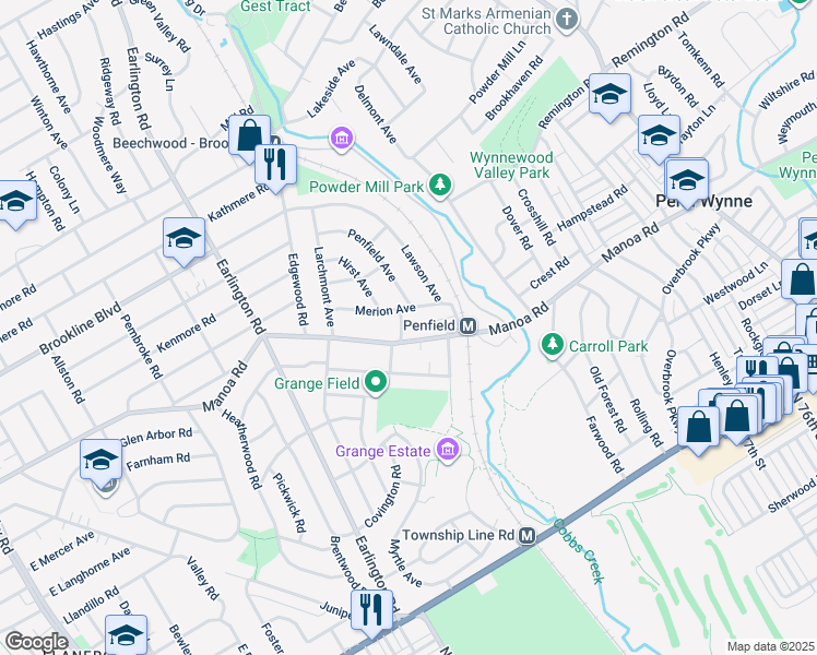 map of restaurants, bars, coffee shops, grocery stores, and more near 808 Hirst Avenue in Havertown