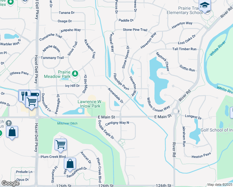 map of restaurants, bars, coffee shops, grocery stores, and more near 5804 Annandale Drive in Carmel