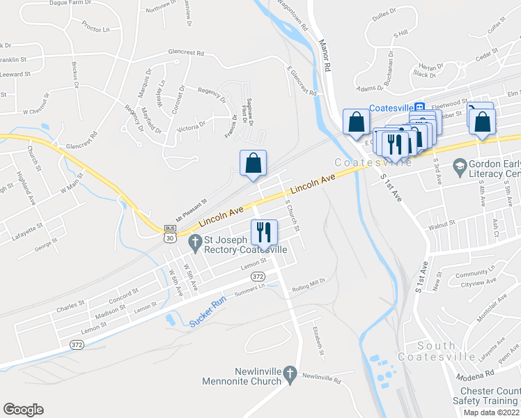 map of restaurants, bars, coffee shops, grocery stores, and more near 254 West Lincoln Highway in Coatesville