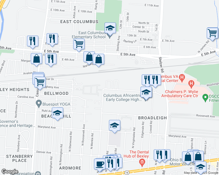 map of restaurants, bars, coffee shops, grocery stores, and more near 3036 Allegheny Avenue in Columbus