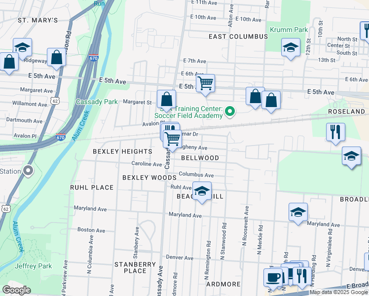 map of restaurants, bars, coffee shops, grocery stores, and more near 2703 Allegheny Avenue in Columbus