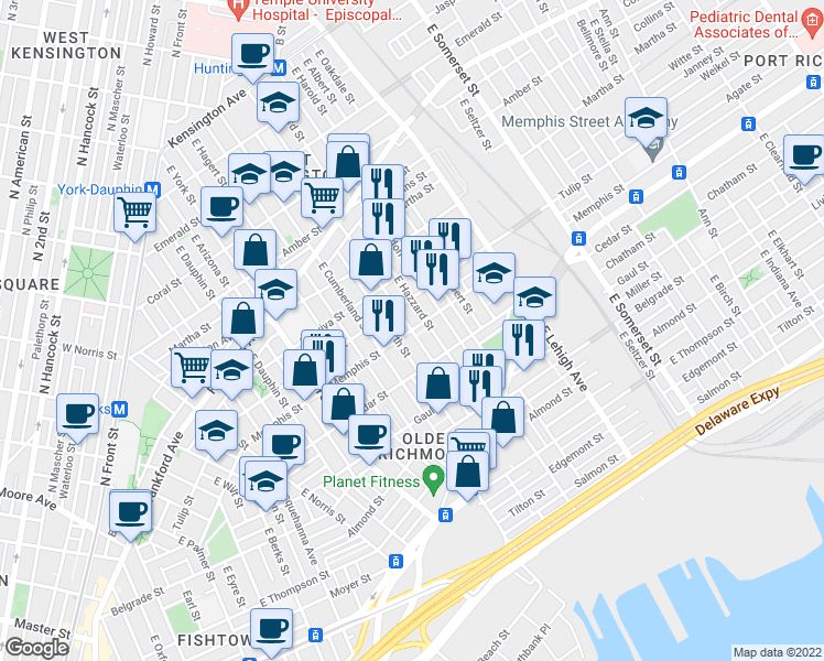 map of restaurants, bars, coffee shops, grocery stores, and more near Memphis St & E Sergeant St in Philadelphia