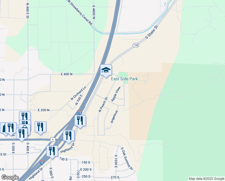 map of restaurants, bars, coffee shops, grocery stores, and more near 332 N Peach St in Santaquin