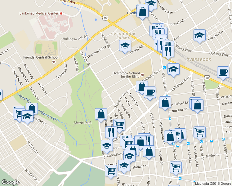 map of restaurants, bars, coffee shops, grocery stores, and more near 6472 Morris Park Road in Philadelphia