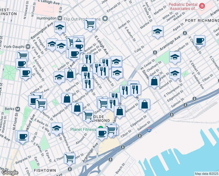 map of restaurants, bars, coffee shops, grocery stores, and more near 2364 E Harold St in Philadelphia