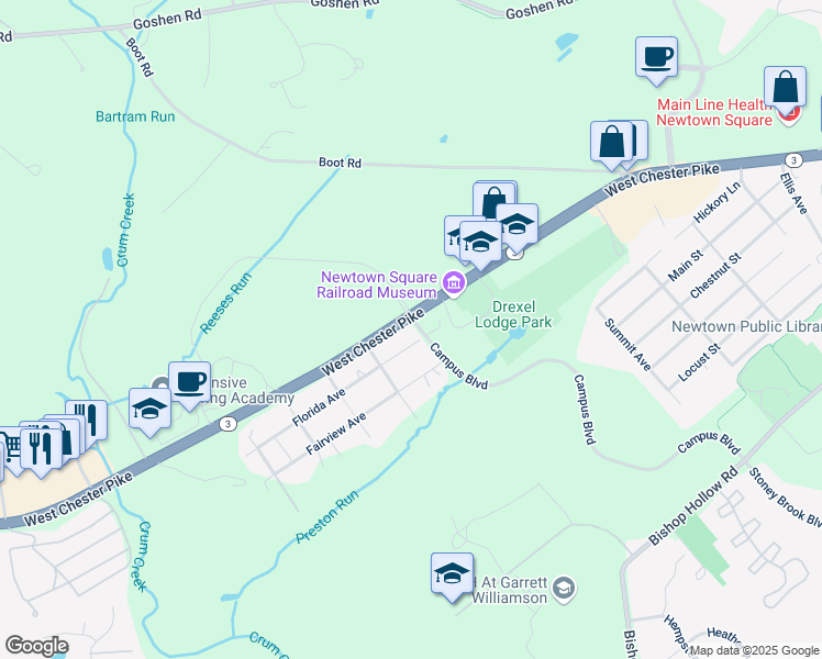 map of restaurants, bars, coffee shops, grocery stores, and more near 4236 West Chester Pike in Newtown Square