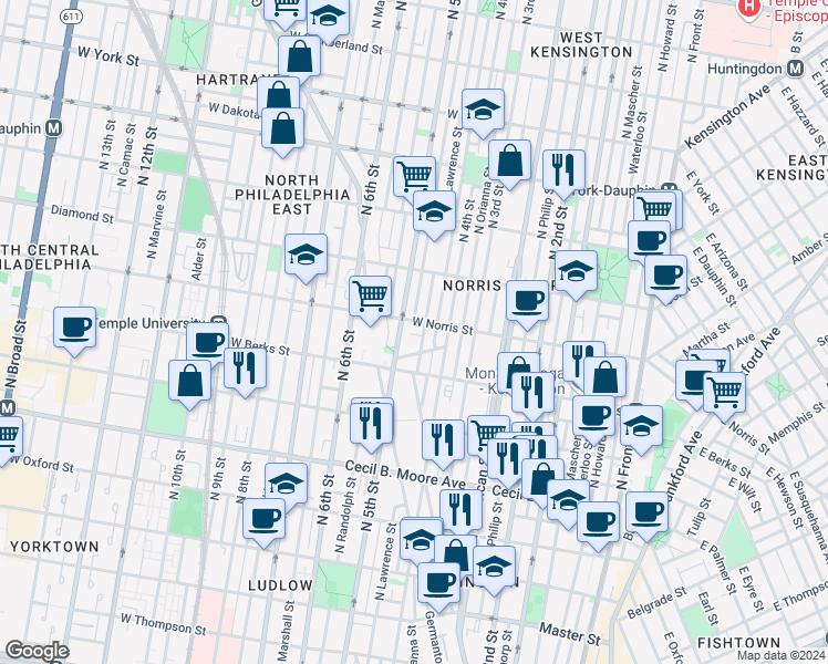 map of restaurants, bars, coffee shops, grocery stores, and more near 437 Arlington Street in Philadelphia
