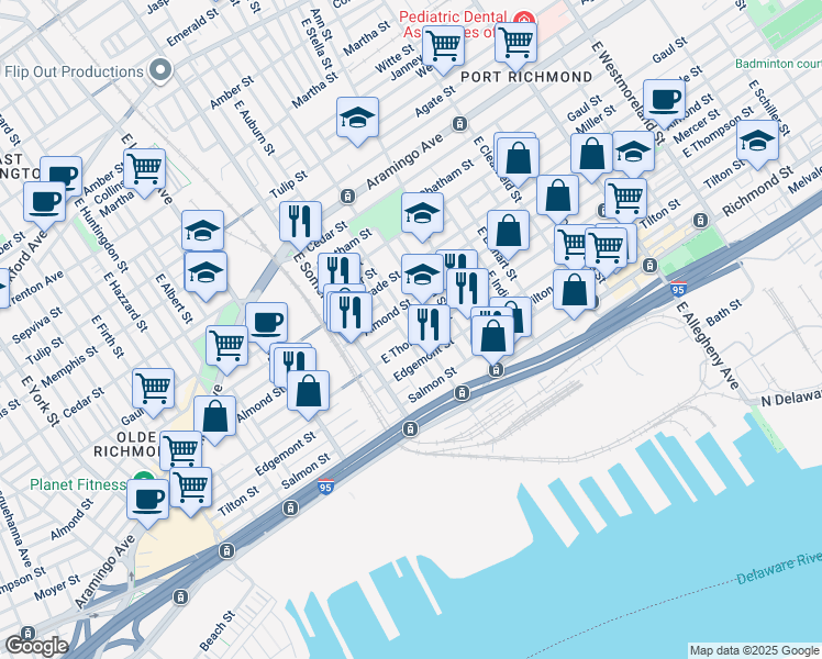 map of restaurants, bars, coffee shops, grocery stores, and more near 2624 East Cambria Street in Philadelphia