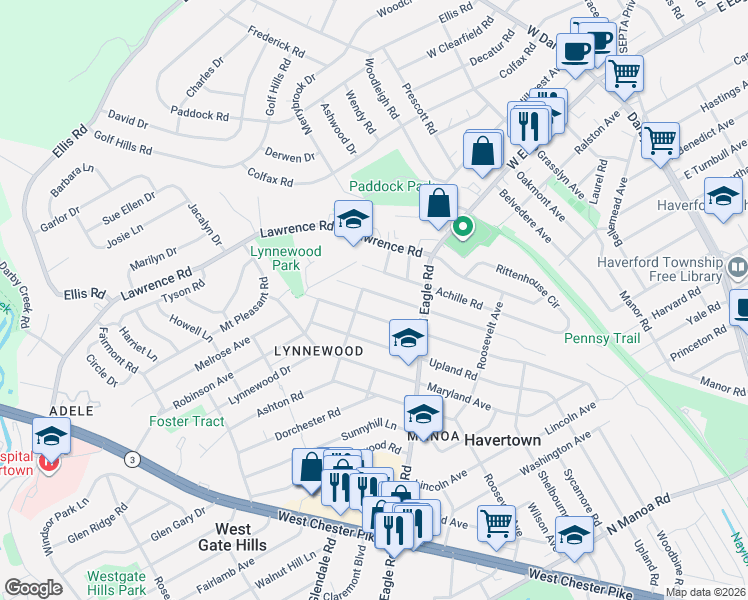 map of restaurants, bars, coffee shops, grocery stores, and more near 1356 Harrington Road in Havertown