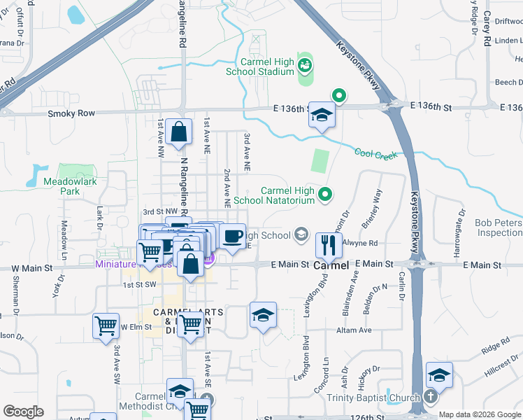 map of restaurants, bars, coffee shops, grocery stores, and more near 132 Sylvan Lane in Carmel