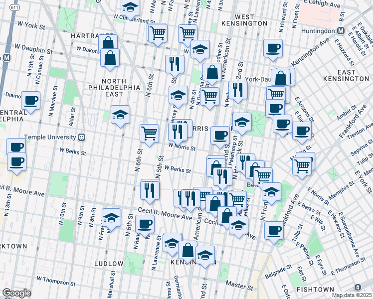 map of restaurants, bars, coffee shops, grocery stores, and more near 1959 North 4th Street in Philadelphia
