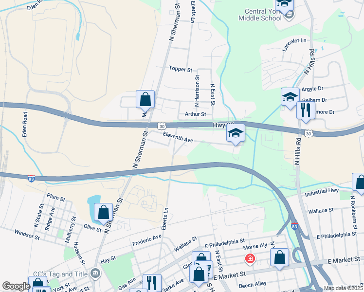 map of restaurants, bars, coffee shops, grocery stores, and more near 1201 Eberts Lane in York