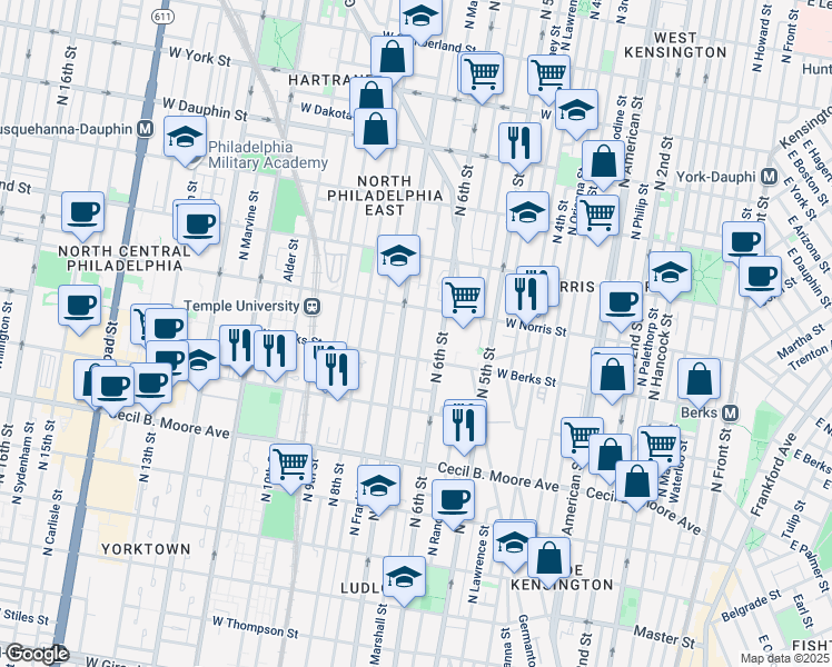 map of restaurants, bars, coffee shops, grocery stores, and more near 1930 North Marshall Street in Philadelphia