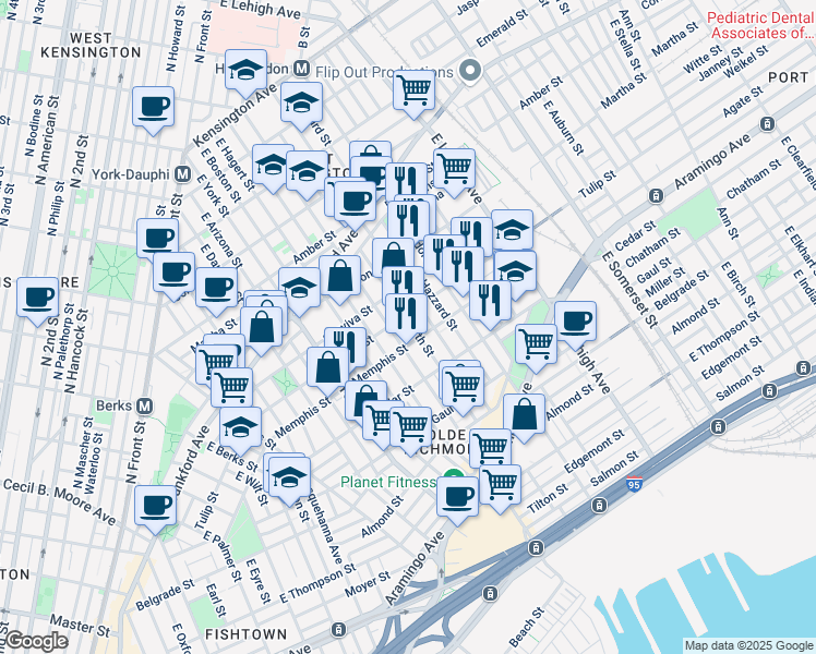 map of restaurants, bars, coffee shops, grocery stores, and more near 2315 East Cumberland Street in Philadelphia