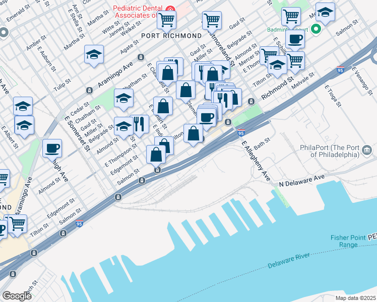 map of restaurants, bars, coffee shops, grocery stores, and more near 3027 Richmond Street in Philadelphia