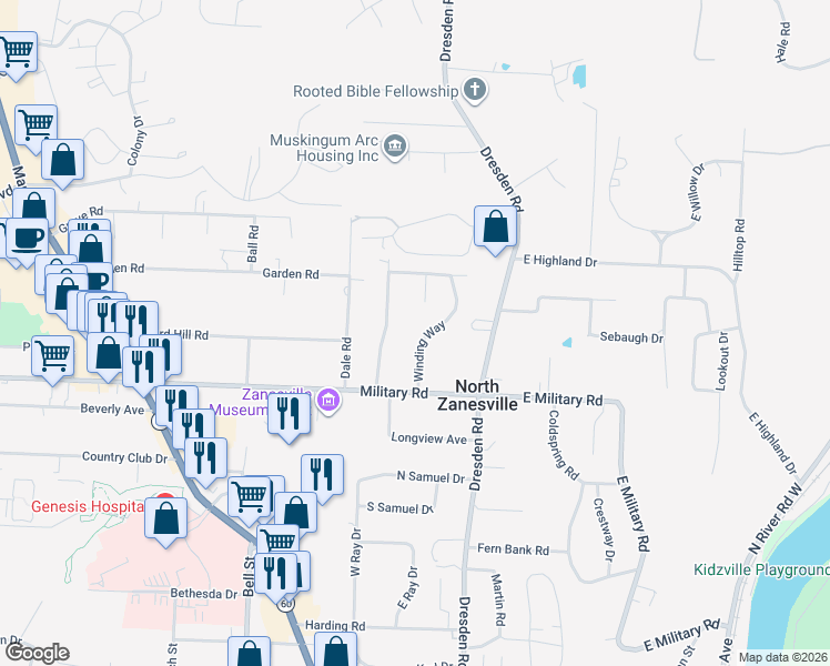 map of restaurants, bars, coffee shops, grocery stores, and more near 3085 Winding Way in Zanesville