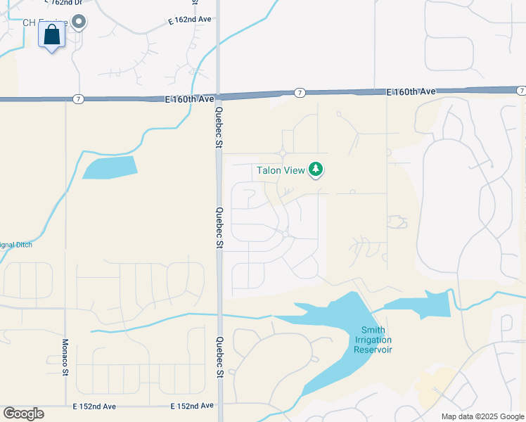 map of restaurants, bars, coffee shops, grocery stores, and more near 7458 East 158th Place in Thornton