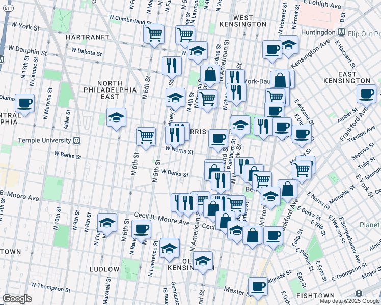 map of restaurants, bars, coffee shops, grocery stores, and more near 2003 North Orianna Street in Philadelphia