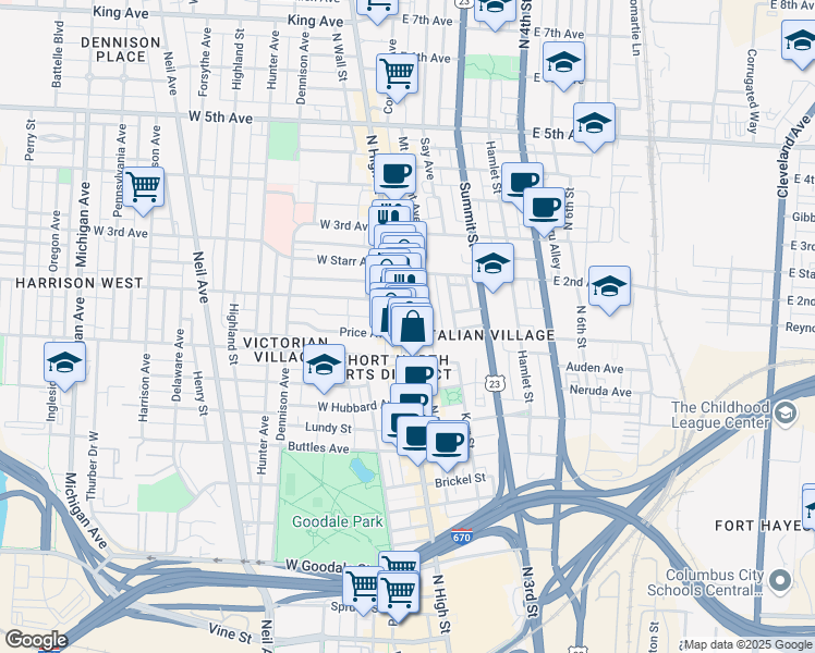 map of restaurants, bars, coffee shops, grocery stores, and more near 906 North High Street in Columbus