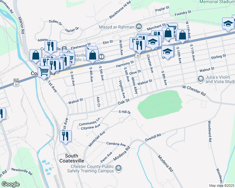 map of restaurants, bars, coffee shops, grocery stores, and more near 125 Woodland Avenue in Coatesville