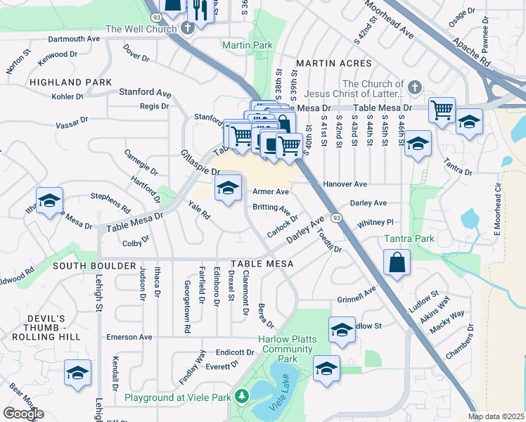 map of restaurants, bars, coffee shops, grocery stores, and more near 3760 Britting Avenue in Boulder