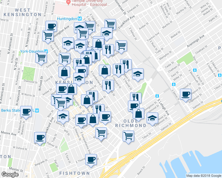 map of restaurants, bars, coffee shops, grocery stores, and more near 2319 East Firth Street in Philadelphia
