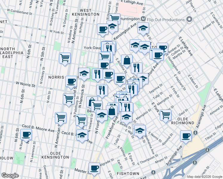 map of restaurants, bars, coffee shops, grocery stores, and more near 204244 Amber Street in Philadelphia