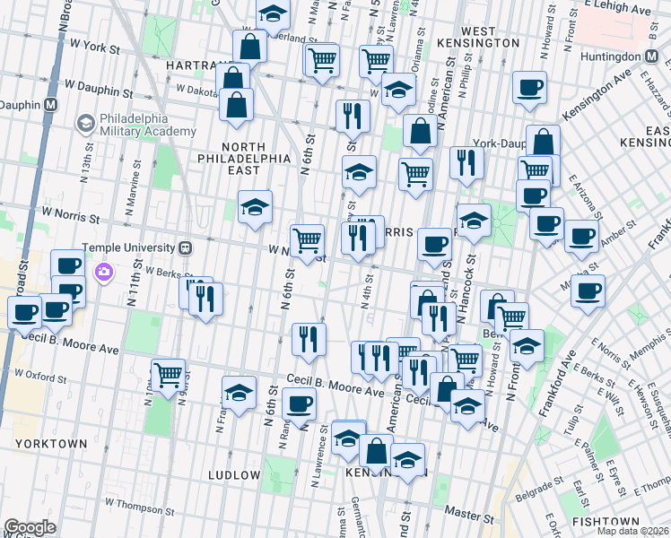 map of restaurants, bars, coffee shops, grocery stores, and more near 1937 North 5th Street in Philadelphia