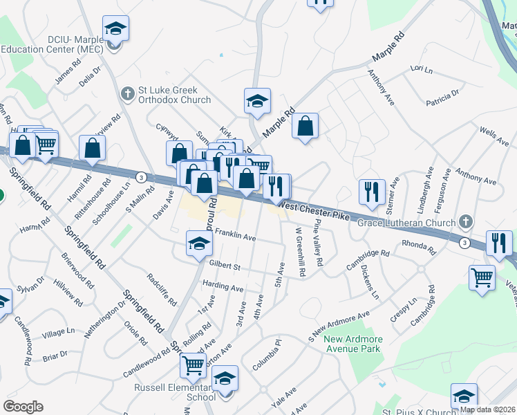 map of restaurants, bars, coffee shops, grocery stores, and more near 12 Oakland Road in Broomall
