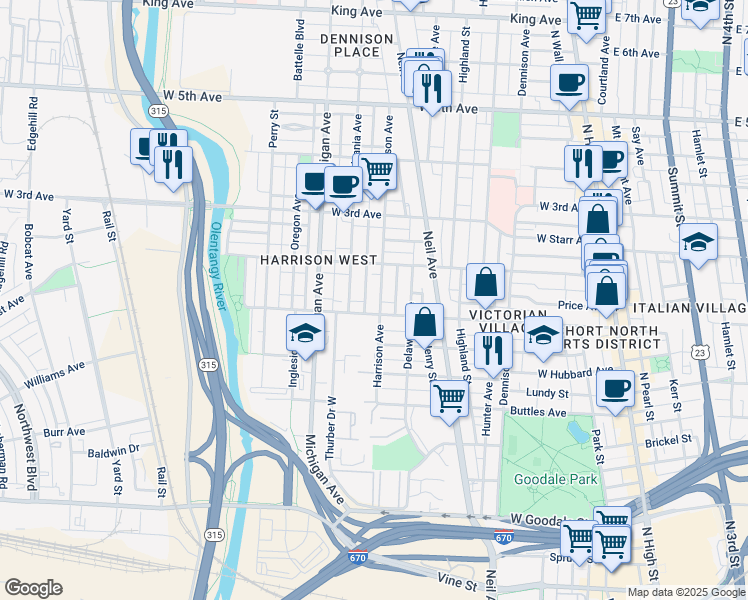 map of restaurants, bars, coffee shops, grocery stores, and more near 969 Harrison Avenue in Columbus