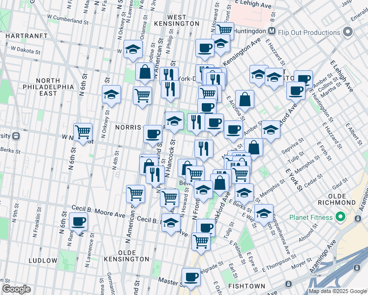 map of restaurants, bars, coffee shops, grocery stores, and more near 2023 North Mascher Street in Philadelphia