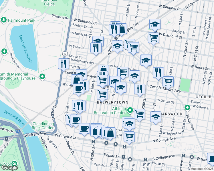 map of restaurants, bars, coffee shops, grocery stores, and more near 1626 N Dover St in Philadelphia