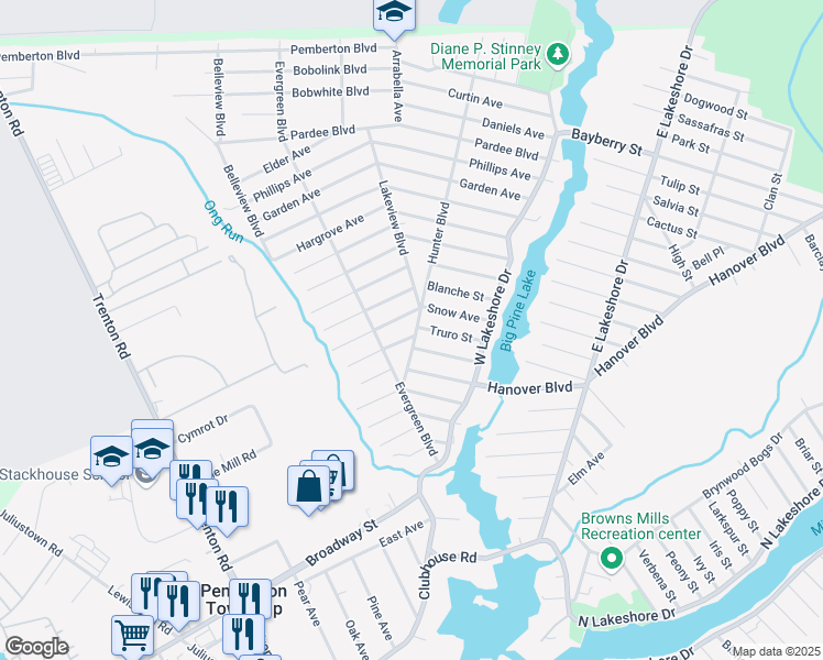 map of restaurants, bars, coffee shops, grocery stores, and more near 6 Olive Street in Browns Mills