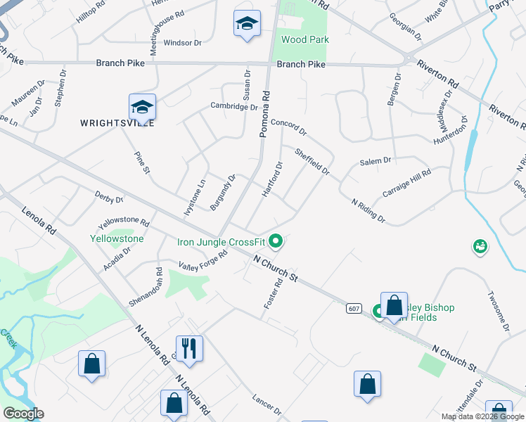 map of restaurants, bars, coffee shops, grocery stores, and more near 416 Hartford Drive in Cinnaminson