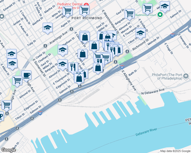 map of restaurants, bars, coffee shops, grocery stores, and more near 3027 Richmond Street in Philadelphia