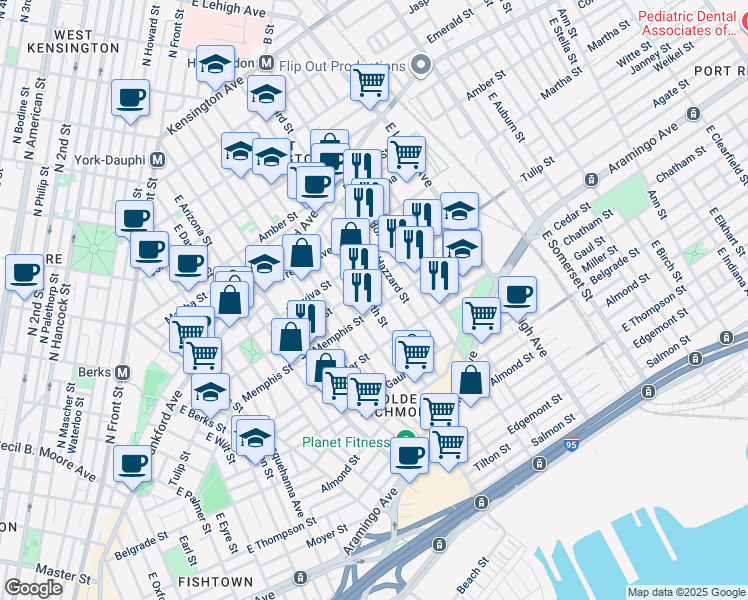 map of restaurants, bars, coffee shops, grocery stores, and more near 2321 East Firth Street in Philadelphia