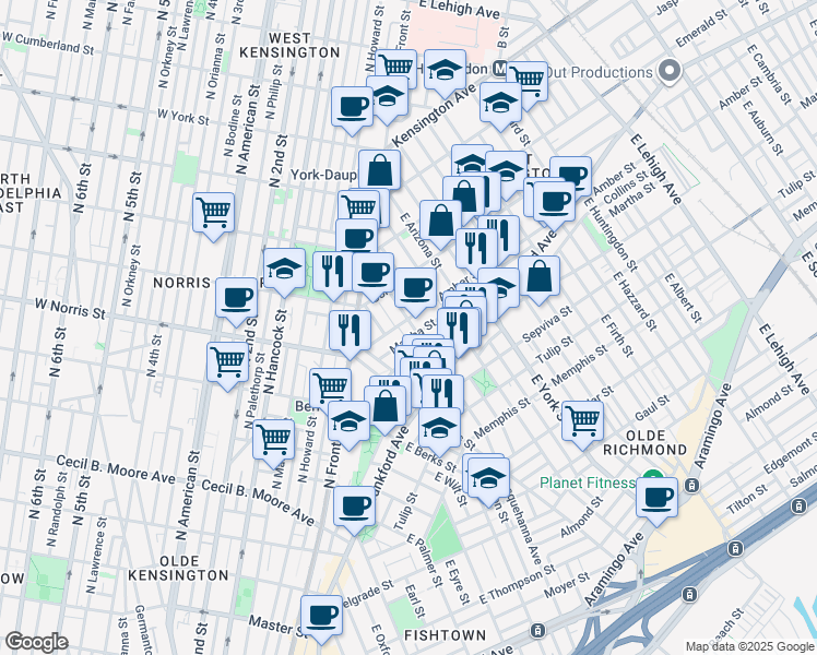 map of restaurants, bars, coffee shops, grocery stores, and more near 2111 East Susquehanna Avenue in Philadelphia