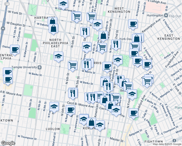 map of restaurants, bars, coffee shops, grocery stores, and more near 1959 North 4th Street in Philadelphia