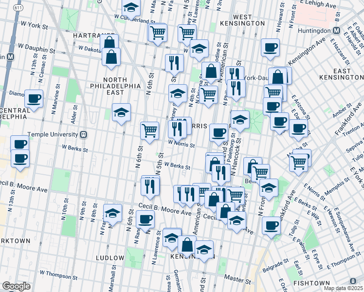 map of restaurants, bars, coffee shops, grocery stores, and more near in Philadelphia